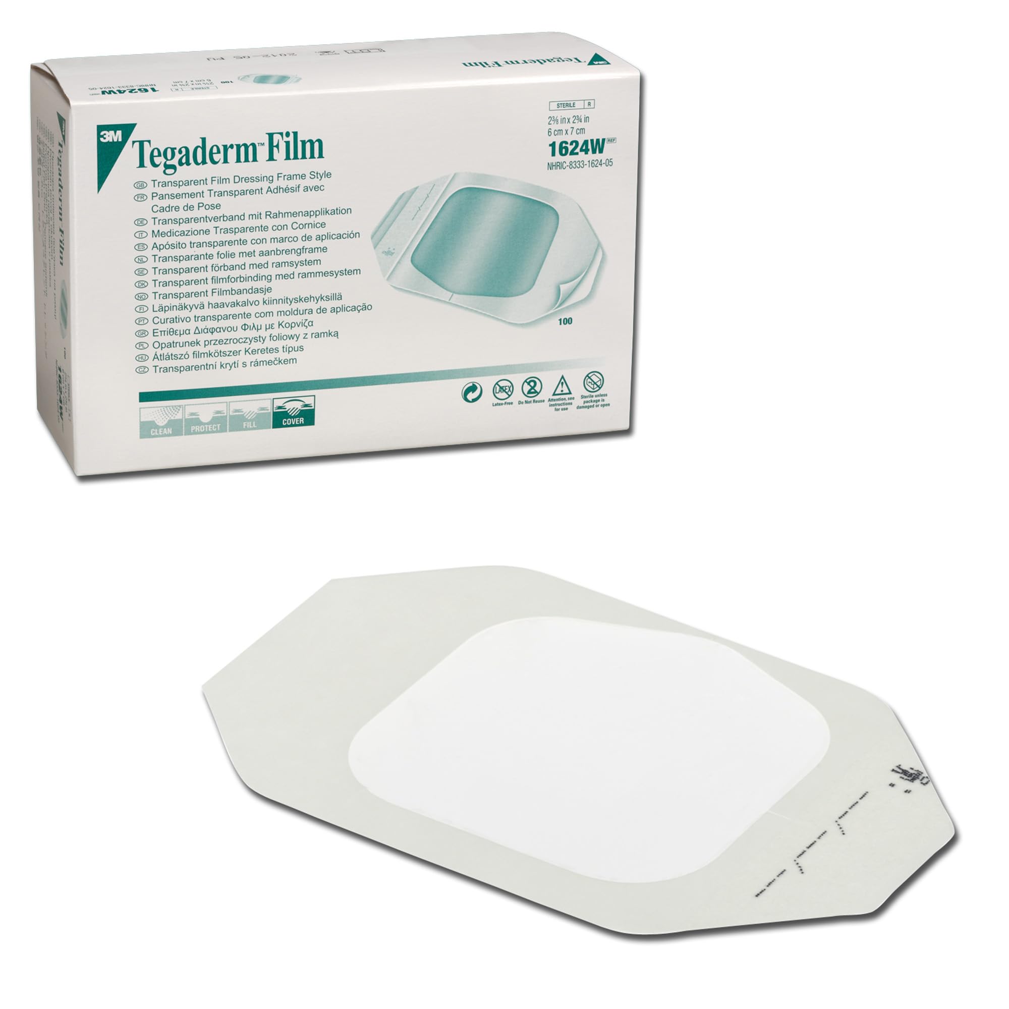 3M Health Care 1624W Tegaderm Film Dressing, Frame Style, 2.75 Length x 2.375 Width, Transparent (Pack of 100)