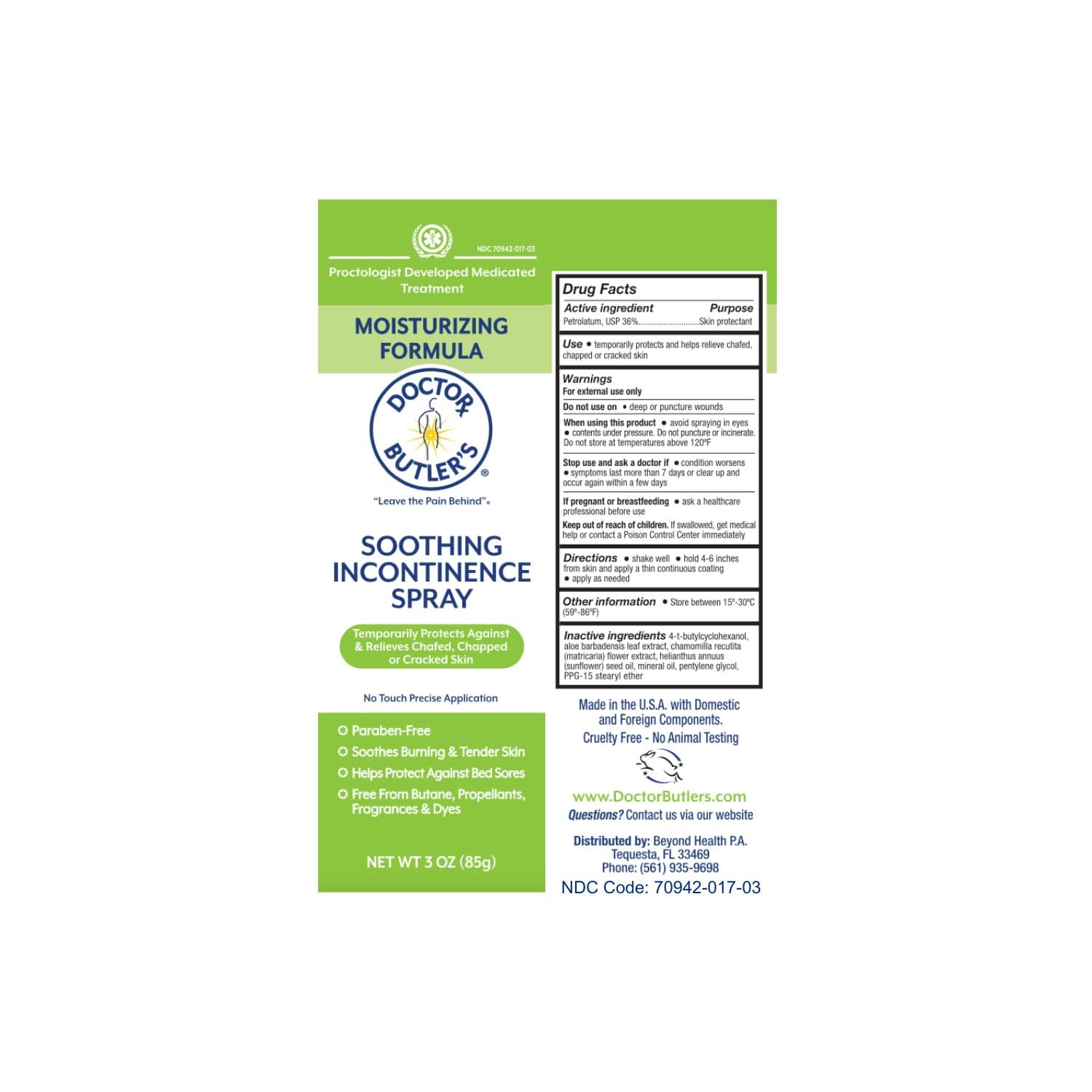 Doctor Butlers Soothing Incontinence Spray - Barrier Spray for Incontinence with Touchless Application to Help Protect Sensitive