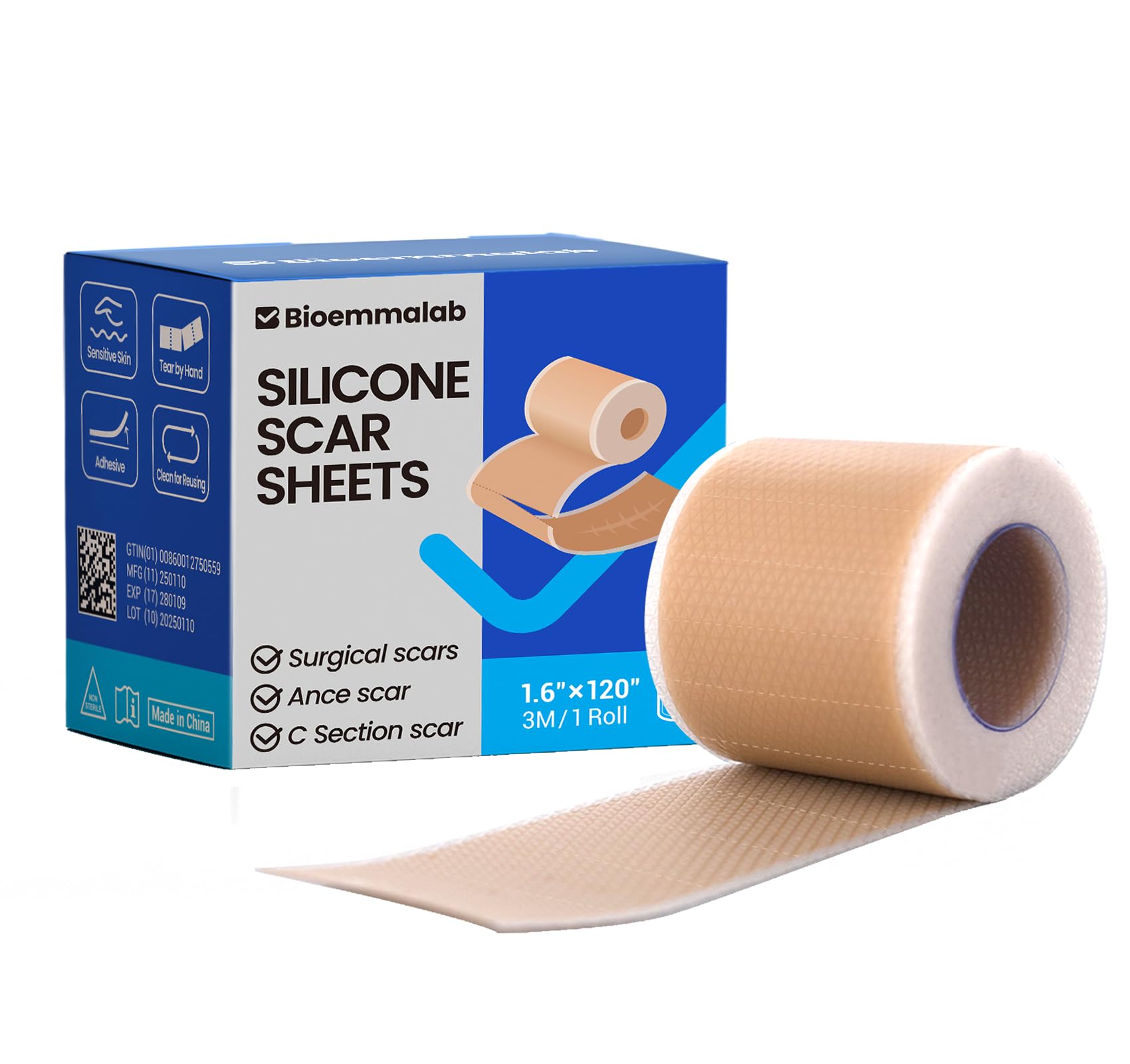 Silicone Scar Sheets Surgical Tape (1.6   x120    Roll) Face Patches Acne Treatment C Section Strips, Skin-Sensitive Medical Gra