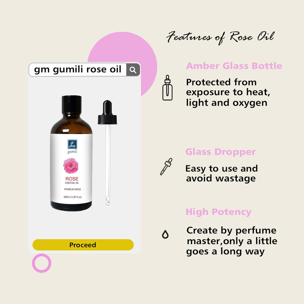 GM Gumili Rose Essential Oil, Home Fragrance Scent Oil for Diffuser, Skin, Hair, Candle, Soap, Dryer Balls, Laundry - 3.38 oz/10