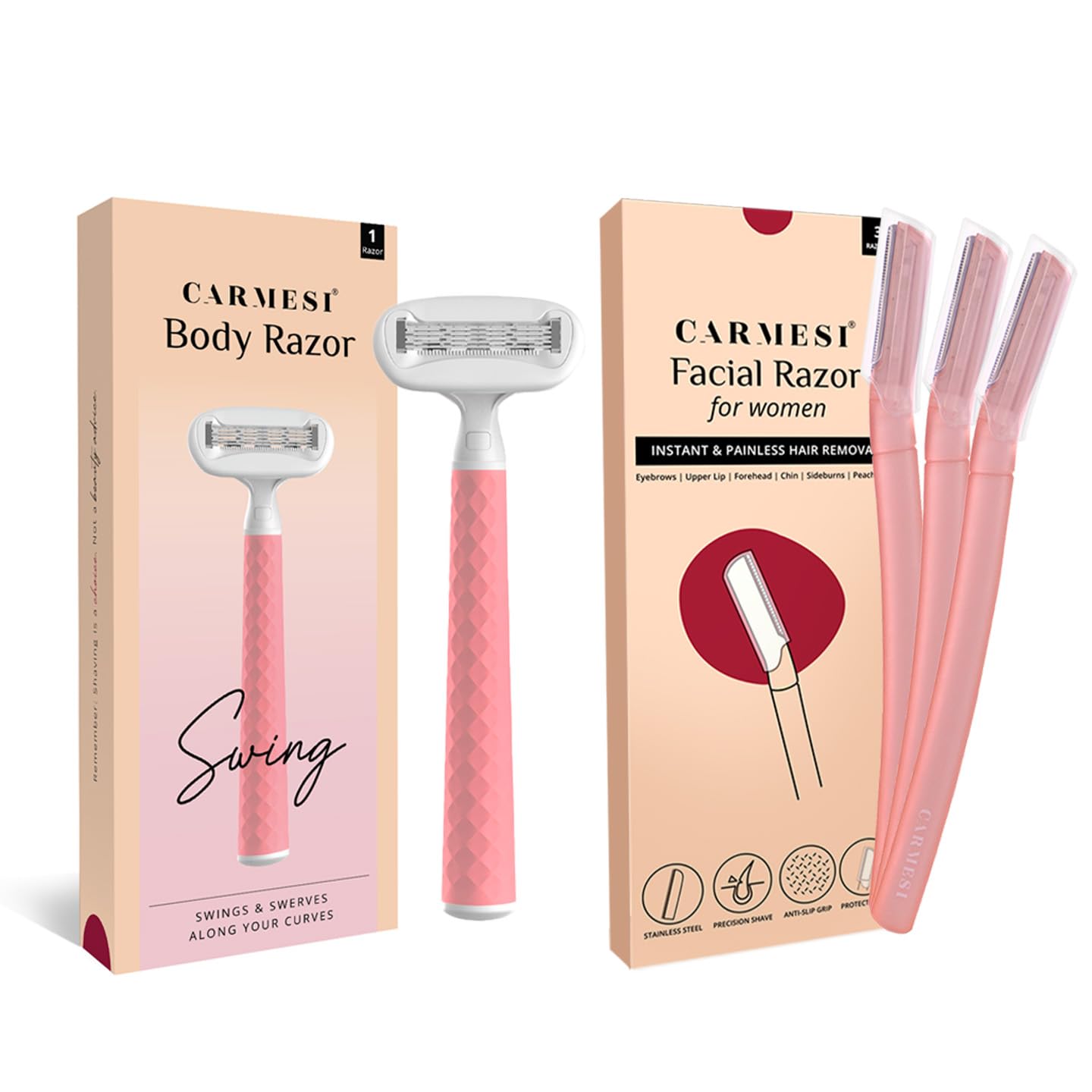 Carmesi Face And Body Shaving Combo | 3 Face Razors And 1 Body Razor Swing | Instant & Painless Hair Removal | Smooth & Glowing 