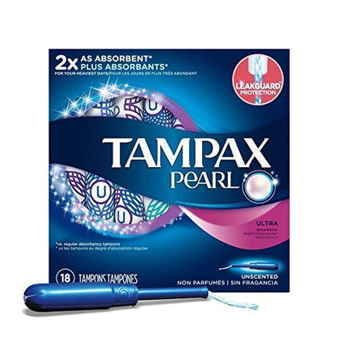 Tampax Pearl Plastic Unscented Tampons, Ultra Absorbency, 18 Count