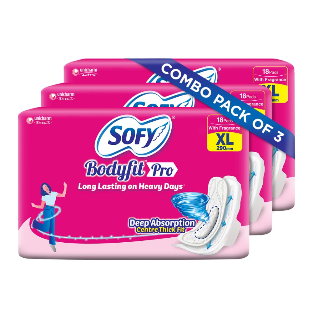 Sofy Bodyfit Pro Sanitary Pads (Xl Size  290 Mm) 54 Pads  Deep Absorption & Fragrance, Centre Thick Fit, Soft On Skin With Com