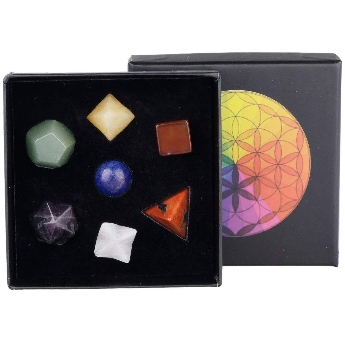 mookaitedecor 7 Chakra Crystal Platonic Solids Sacred Geometry Set, Polished Tumbled Stones with Merkaba Star Kit for Reiki Heal