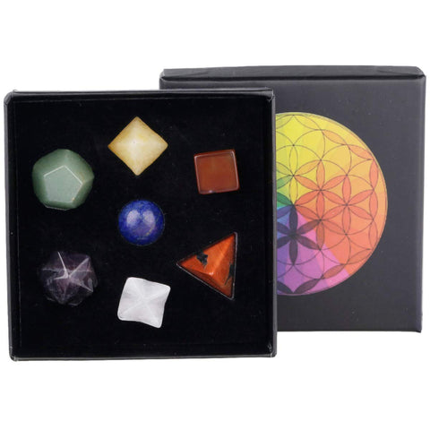 mookaitedecor 7 Chakra Crystal Platonic Solids Sacred Geometry Set, Polished Tumbled Stones with Merkaba Star Kit for Reiki Heal