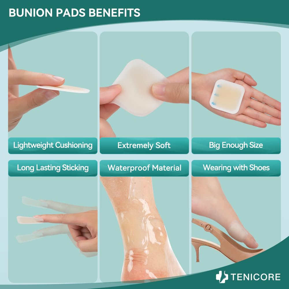 TENICORE Bunion Pads, Bunion Cushions for Women and Men, Toe and Foot Protector Pads, Sole and Heel Cushions, Waterproof, Thin,