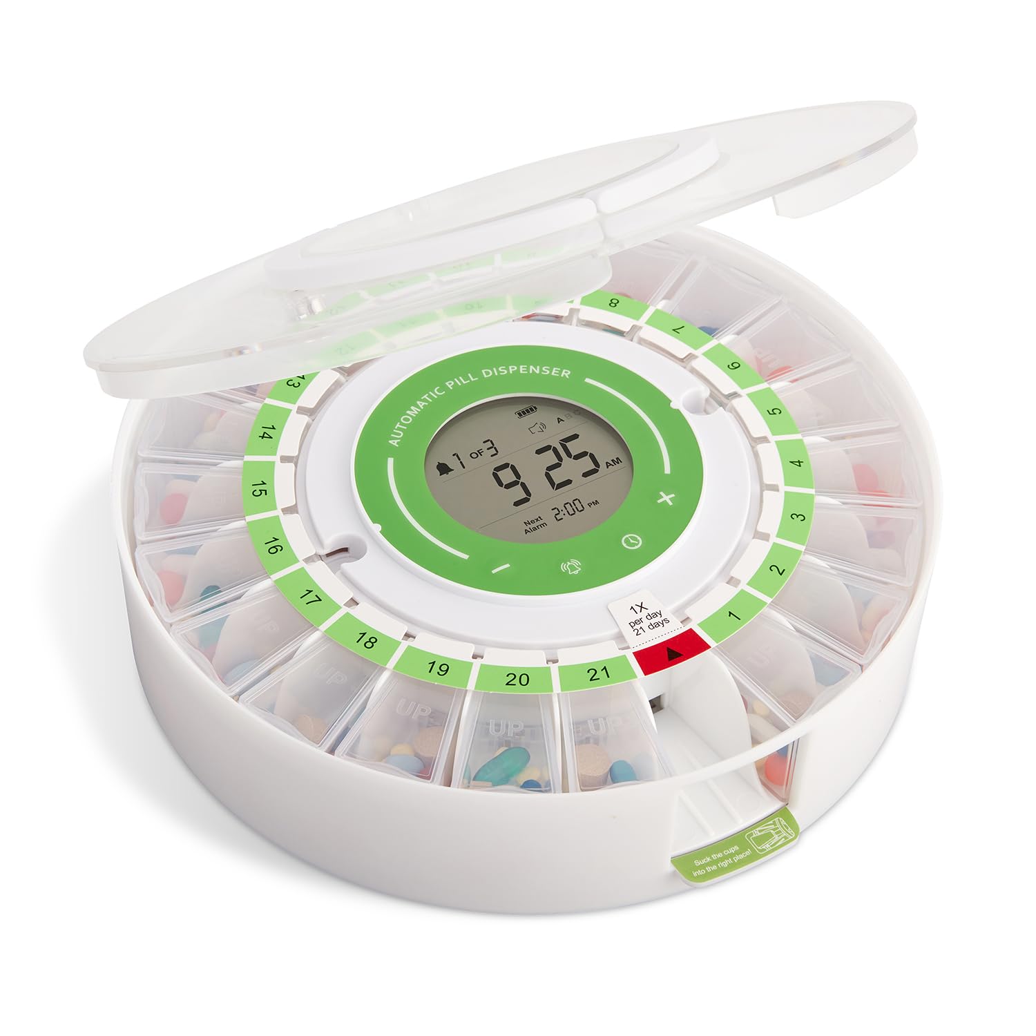 LiveFine Automatic Pill Dispenser with Removable Cups, 21 Compartments, 9 Dosage Rings, Alarm Reminder, LCD Display, Sound & Lig