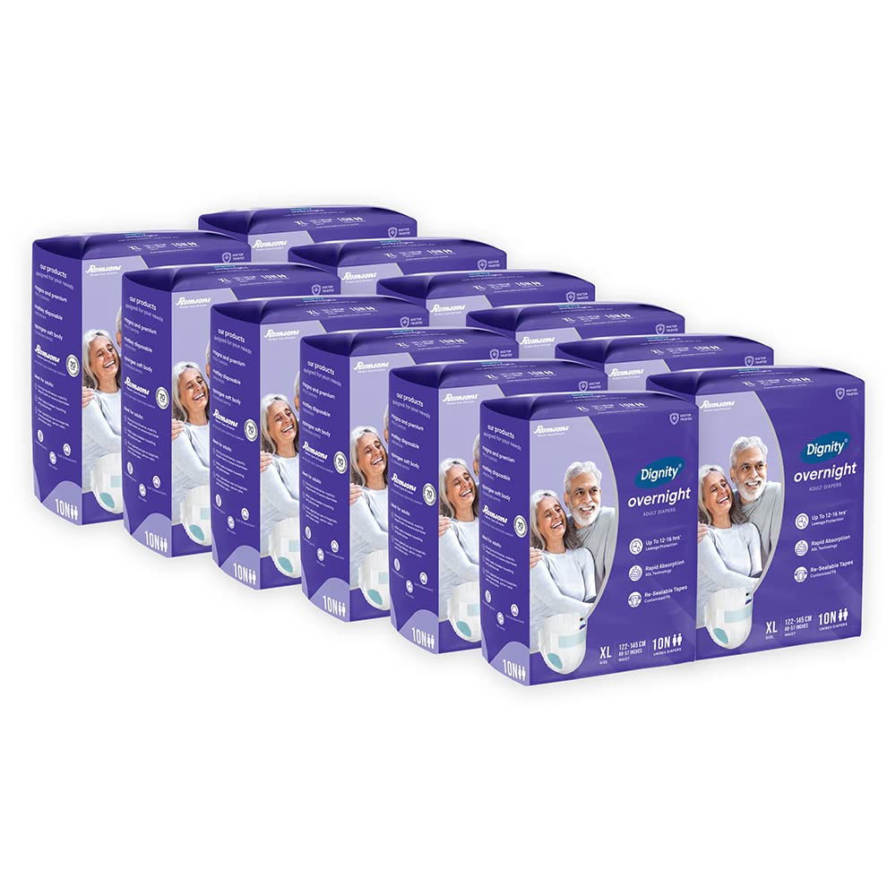 Dignity Overnight Tape Style Adult Diapers  Xl (120 Pieces) With Wetness Indicator And Leakage Protection Upto 1216 Hrs.
