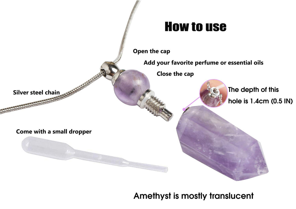 AMOYSTONE 1P Natural Amethyst Necklace Long Chain, Healing Oil Crystals Perfume Necklace Aromatherapy Bullet Shape Pendant Women