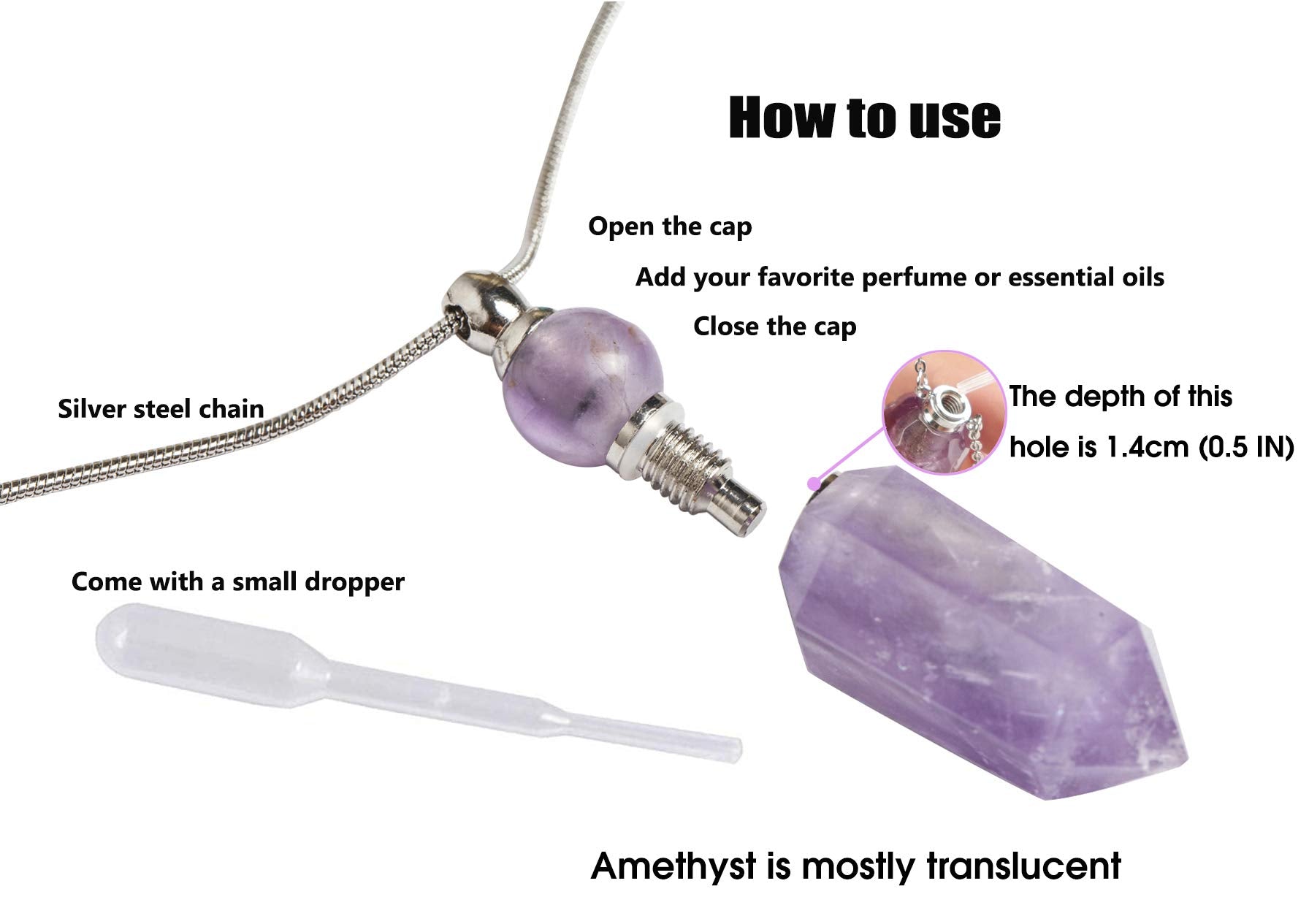 AMOYSTONE 1P Natural Amethyst Necklace Long Chain, Healing Oil Crystals Perfume Necklace Aromatherapy Bullet Shape Pendant Women