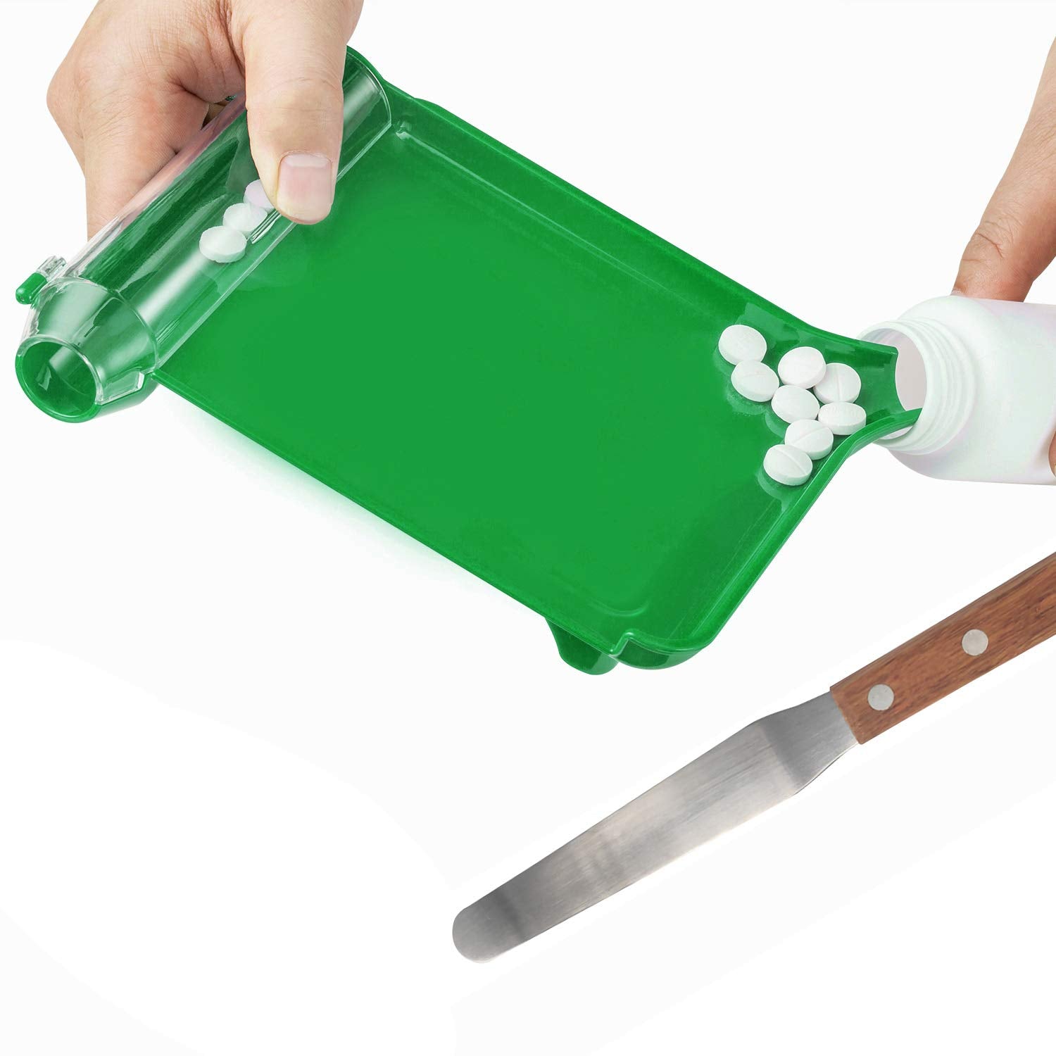Medarchitect Right Hand Pill Counting Tray with Spatula (Green - Wood Handle)
