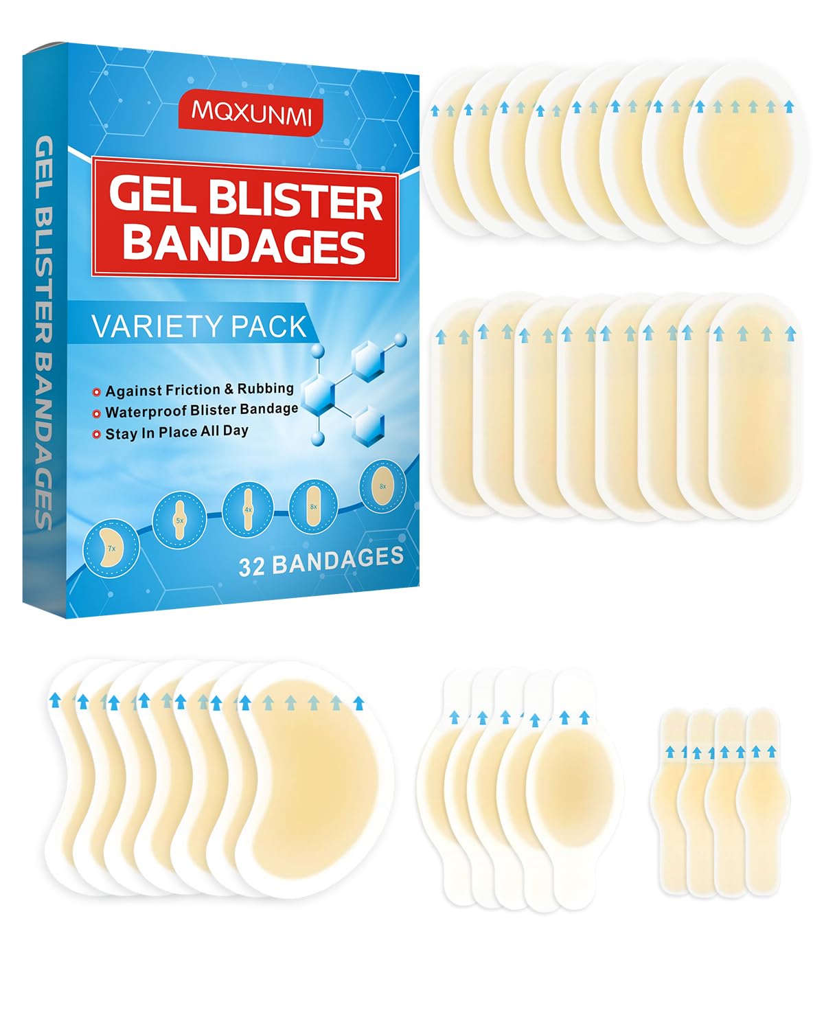 MQXUNMI Hydrocolloid Blister Pads for Feet & Hands - 32 Count Waterproof Bandages, Self-Adhesive, 5 Shapes for Toes, Heels, Palm