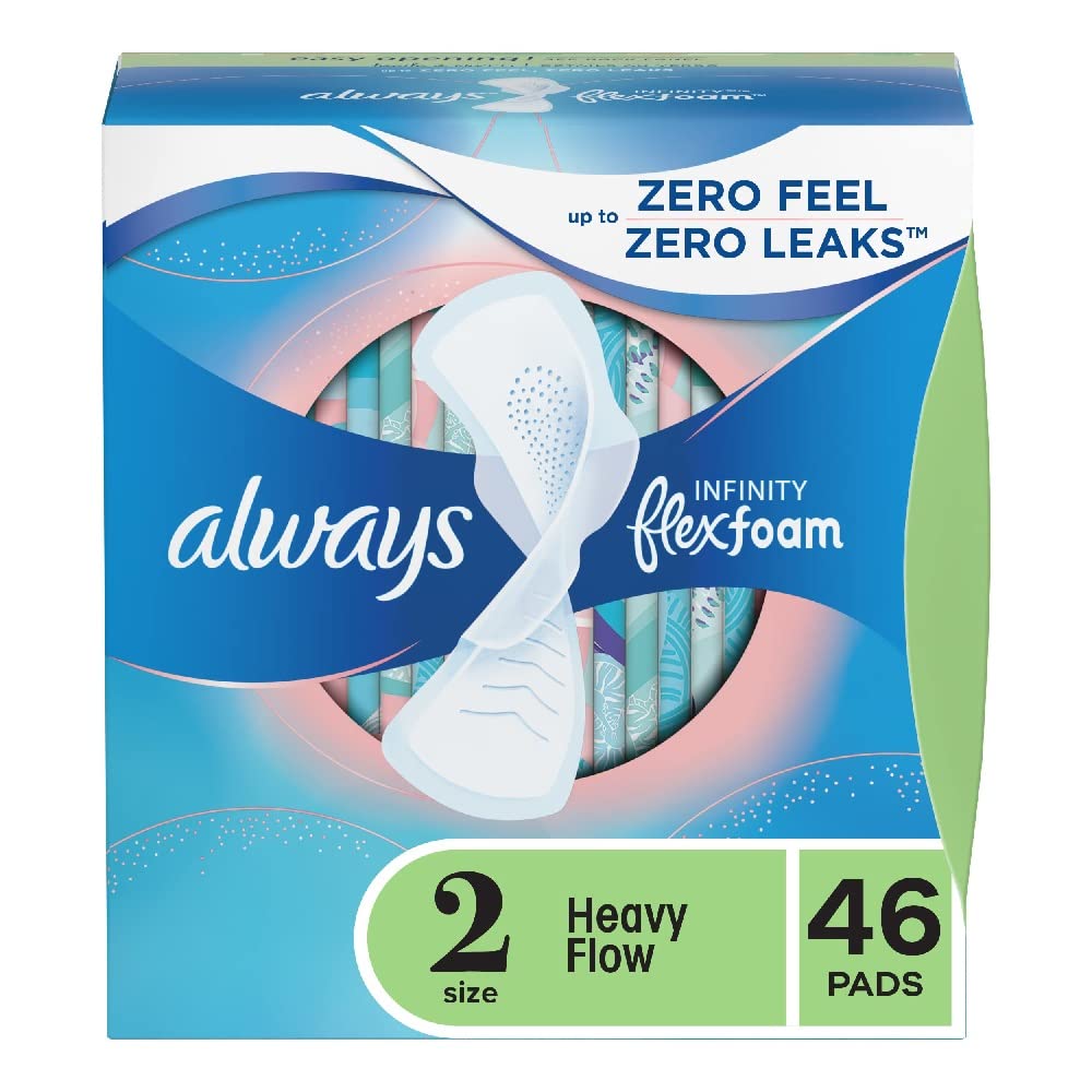 Always Infinity Feminine Pads for Women, Size 2 Regular, with wings, unscented, 46ct