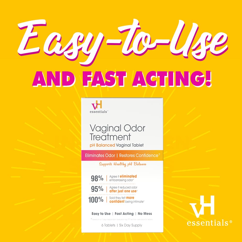vH essentials Vaginal Odor Treatment - pH Balanced Vaginal Suppositories - 6 Tablets With Applicator, White, (667-06)