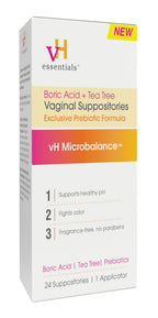vH essentials Boric Acid and Tea Tree Vaginal Suppositories - Prebiotics Formula with Lactic Acid - PH Balance, Odor Control, Fe