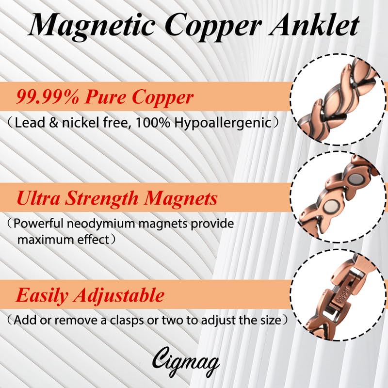 Cigmag Copper Anklet for Women Ultra Strength Solid Copper Anklet Bracelet Adjustable Length with Sizing Tool