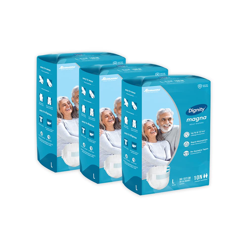 Dignity Magna Tape Style Adult Diapers  L (30 Pieces) With Wetness Indicator And Leakage Protection Upto 810 Hrs.