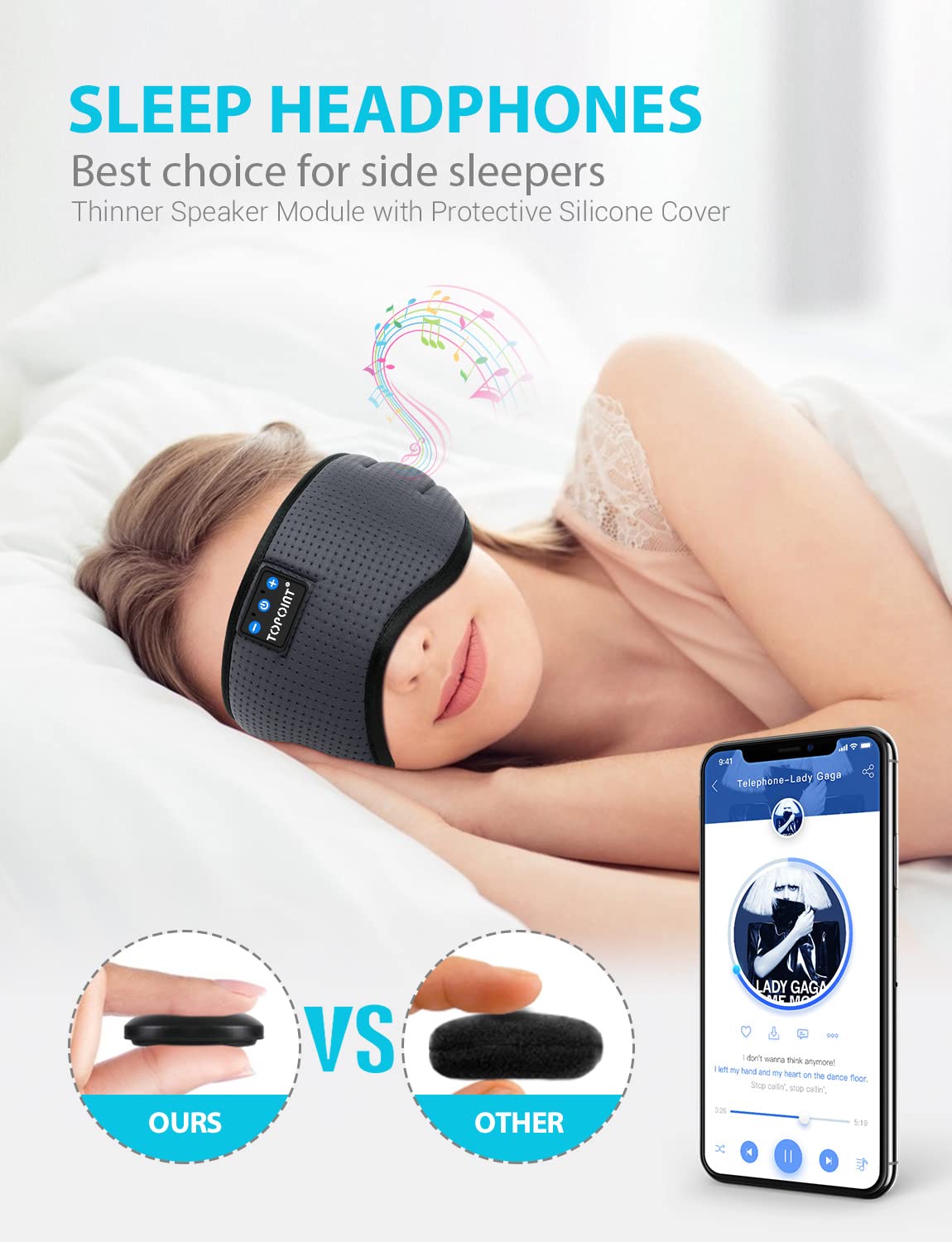 Sleep Headphones Wireless Bluetooth, TOPOINT Eye Mask for Sleeping with Microphone Handsfree, Silk Sleep Mask for Side Sleepers