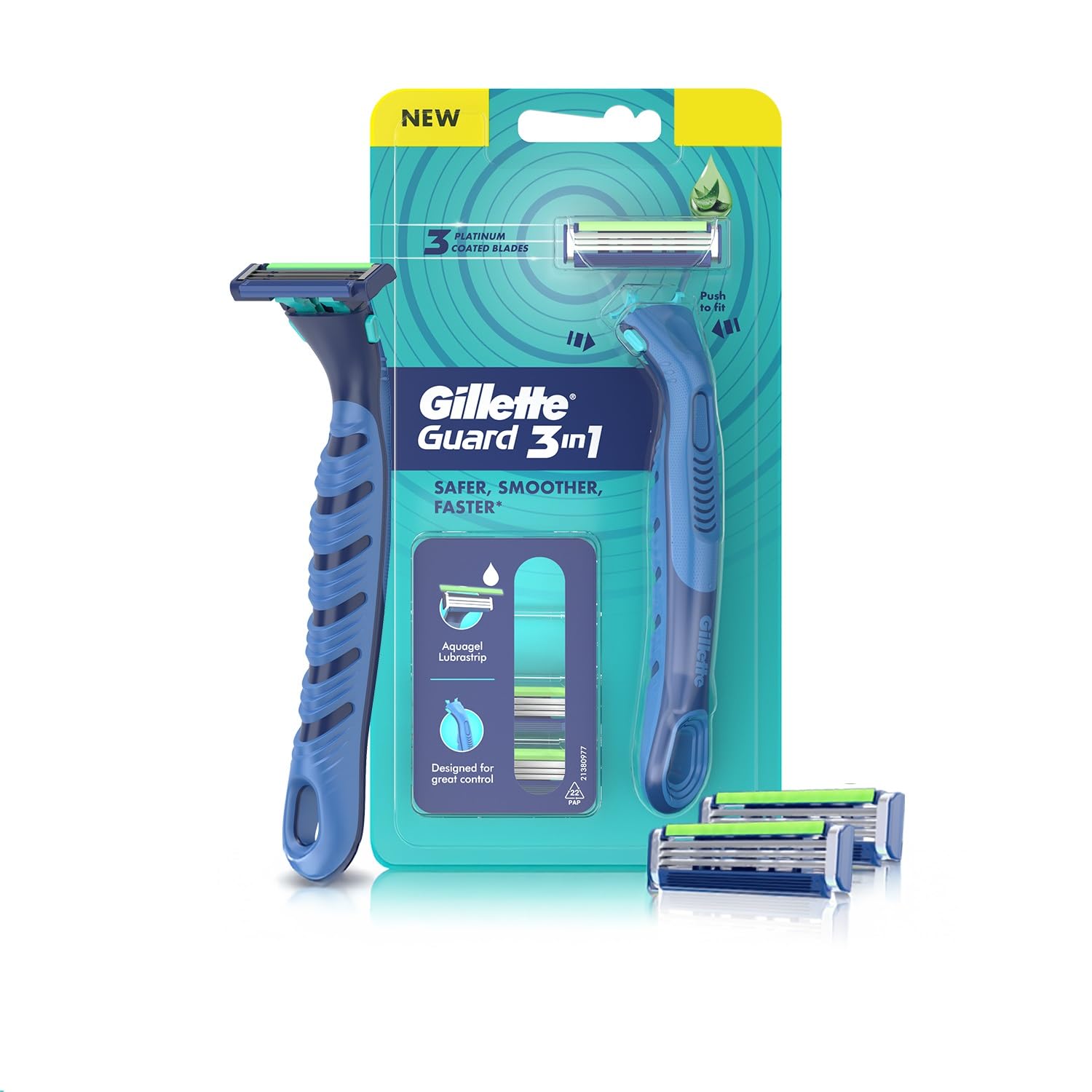 Gillette Guard 3In1 Shaving Razor Blade For Men  2 Cartridges + 1 Razor | Smooth Shave | Aqua Gel Lubrastrip | 3 Platinum Coate
