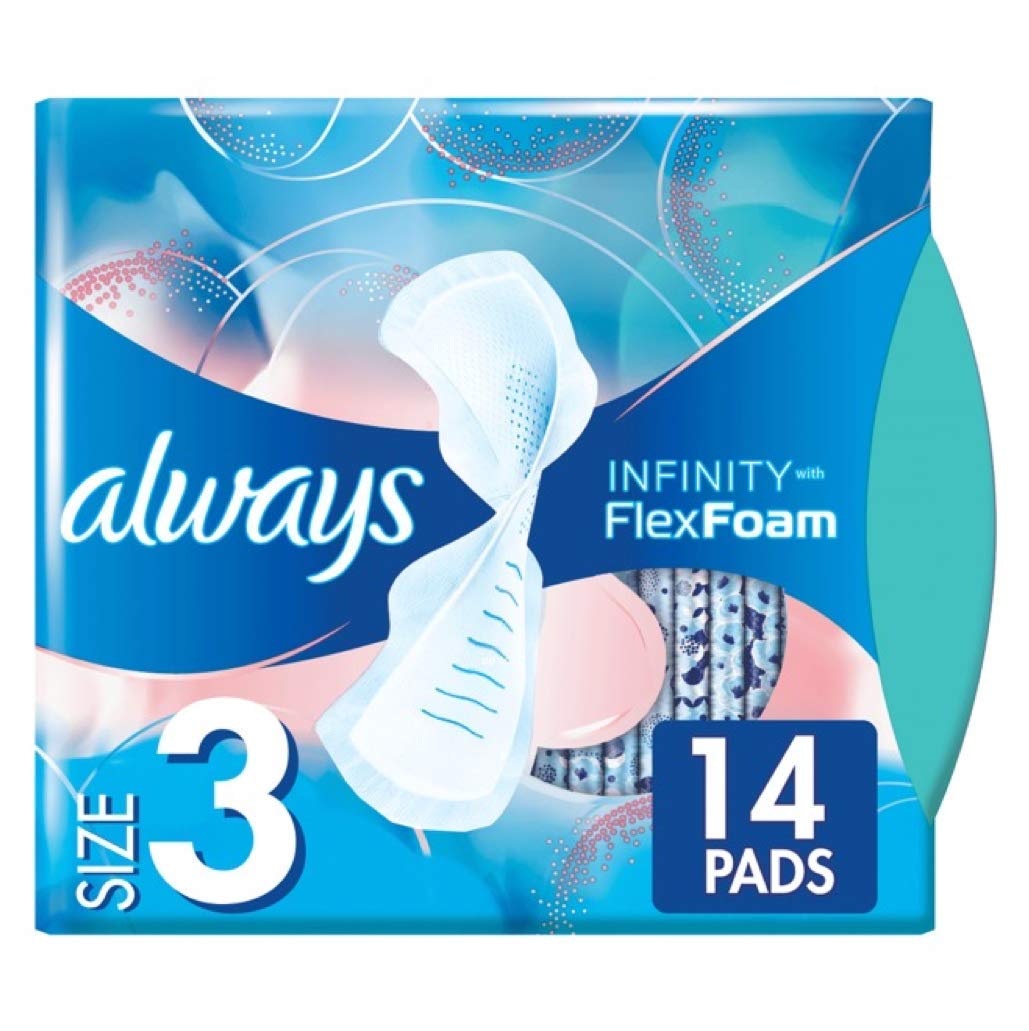 Always Infinity Size 3 Feminine Pads with Wings, Extra Heavy Flow Absorbency, Unscented, 14 Count