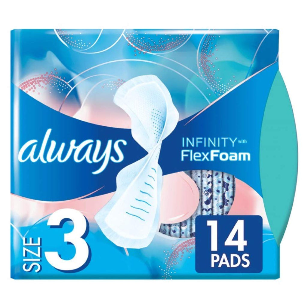 Always Infinity Size 3 Feminine Pads with Wings, Extra Heavy Flow Absorbency, Unscented, 14 Count
