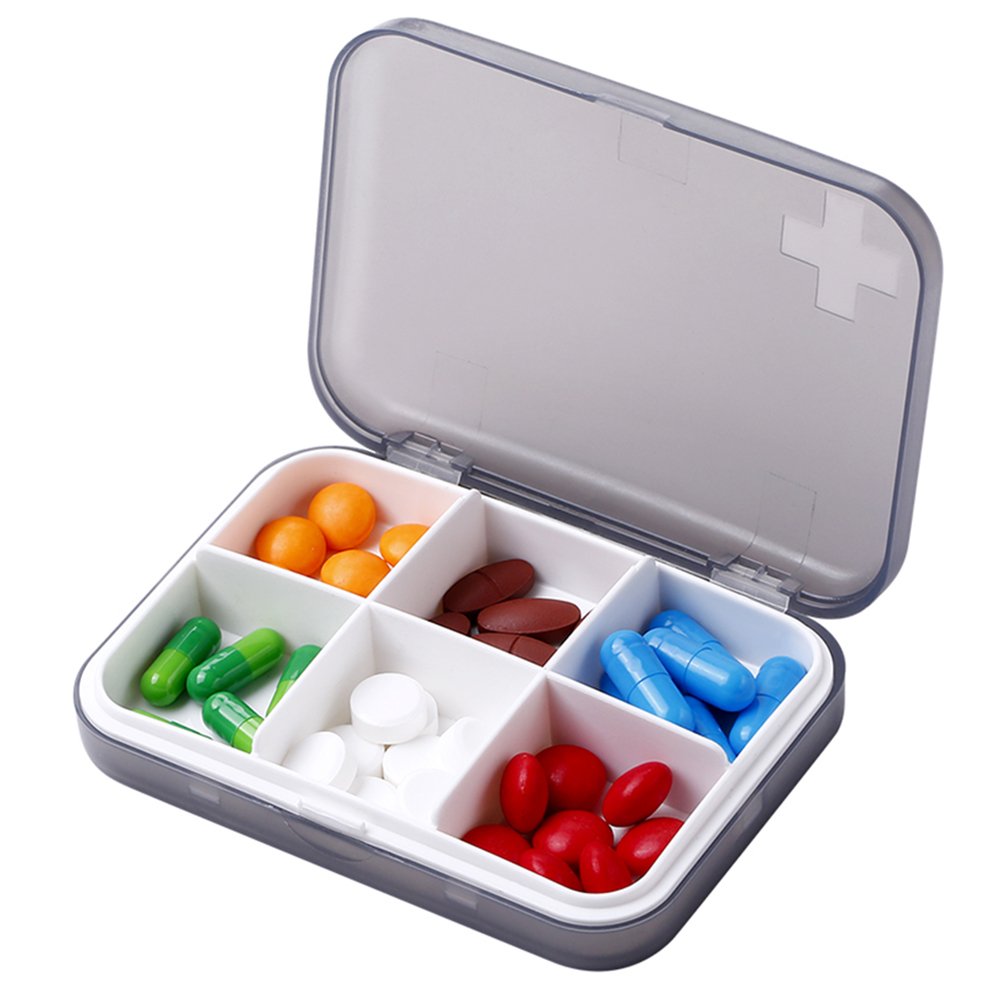 ZDQZC Portable Pill Organizer - Slim Pill Box for Purse or Travel, Compact Pill Case(6 Compartment,Gray)