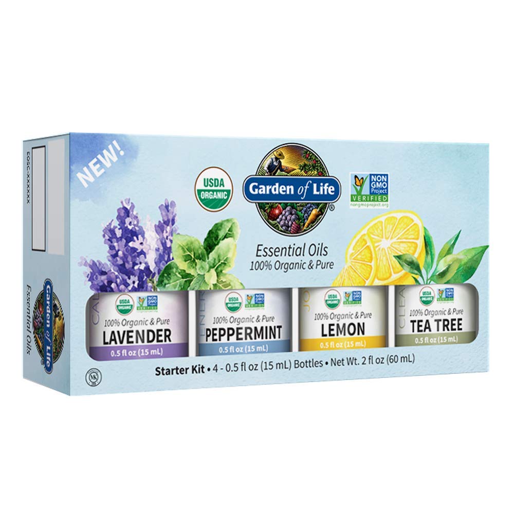 Garden of Life Essential Oils Starter Pack Lavender, Peppermint, Lemon, Tea Tree, 100% USDA Organic & Pure, Non-GMO, for Diffuse