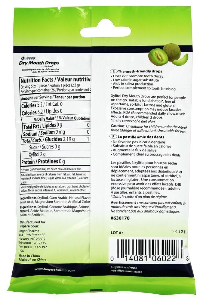 Hager Pharma Dry Mouth Drops with Xylitol Melon 26 EA - Buy Packs and SAVE (Pack of 3)