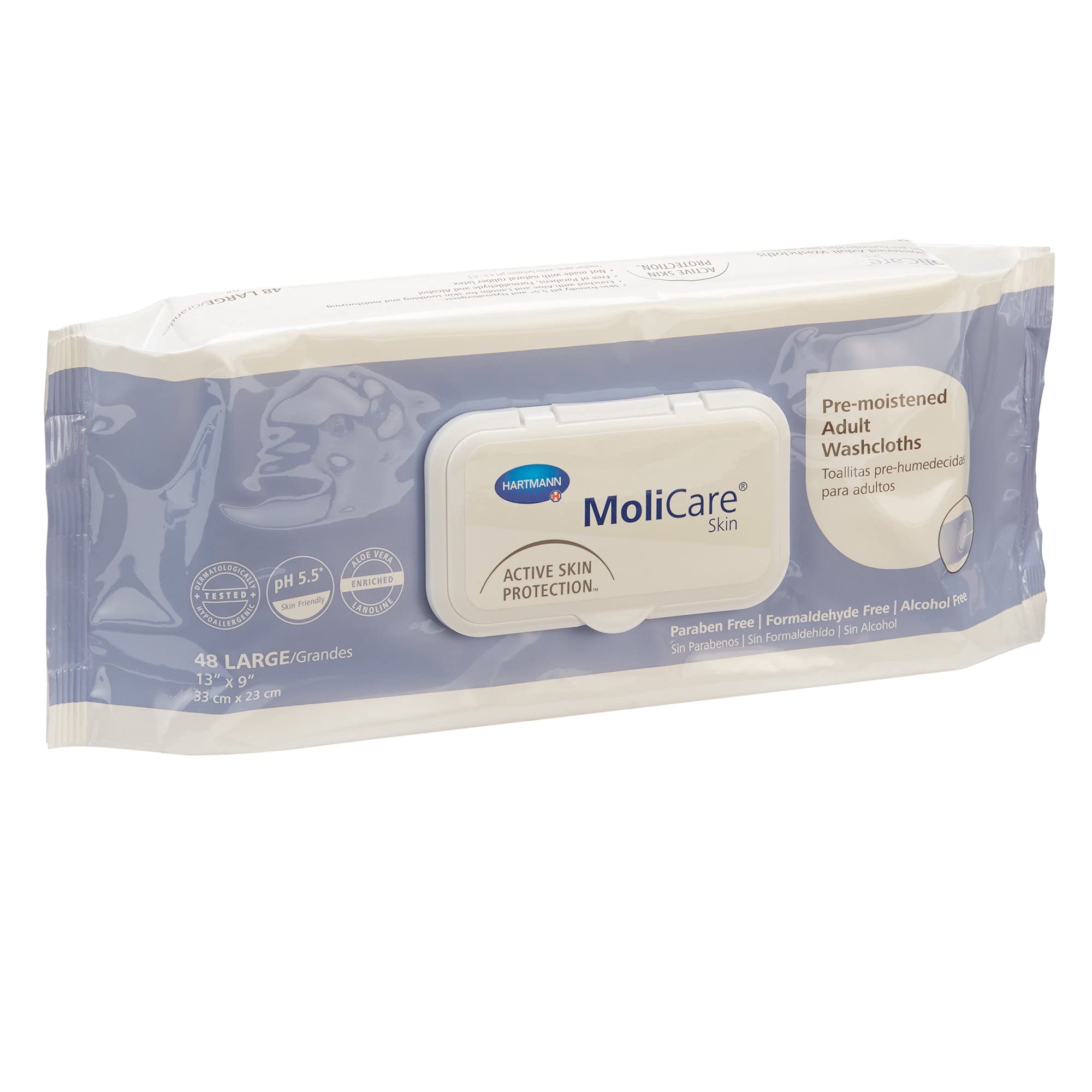 MoliCare Skin Washcloths, Aloe Vera/Lanolin, 48 Count, Large 13x9