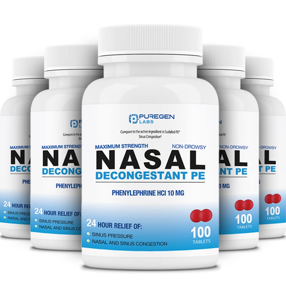 Puregen Labs Nasal Decongestant PE 5 Pack - 500 Tablets Total | Phenylephrine HCl 10 mg | Maximum Strength | Non Drowsy Nasal & 