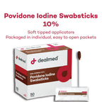 Dealmed Povidone Iodine 10% Swabsticks - Individually Sealed Packets Perfect for Wound Care and Portable First Aid Kits, 50/Box