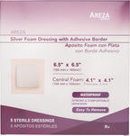 Areza Medical - Silver Foam Wound Dressing Pad - Sterile - 6.5 X 6.5 (16.5 cm X 16.5 cm) - Adhesive Border - 5 PCS per Box - FSA