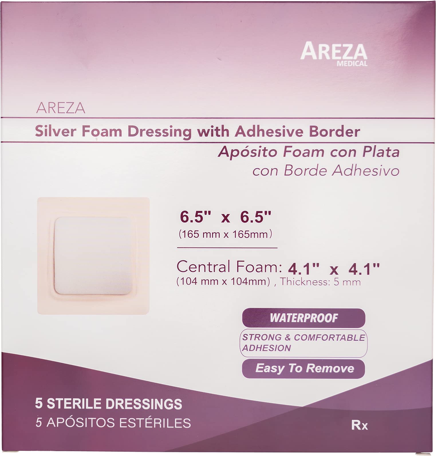 Areza Medical - Silver Foam Wound Dressing Pad - Sterile - 6.5 X 6.5 (16.5 cm X 16.5 cm) - Adhesive Border - 5 PCS per Box - FSA