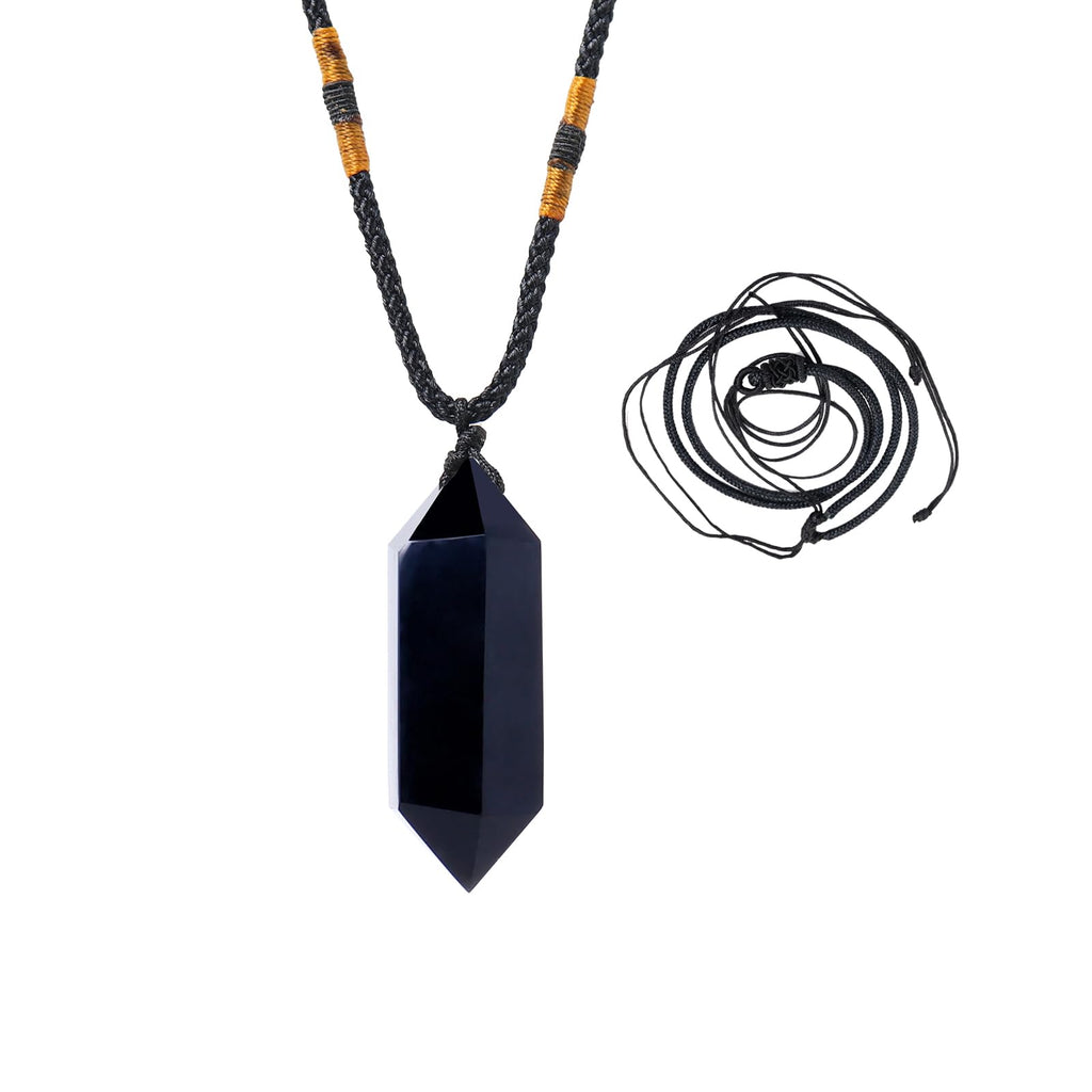 Runyangshi Black Obsidian Healing Crystal Pendants, Double Pointed Natural Crystal Quartz Necklace 6 Faceted Chakra Crystal Wand