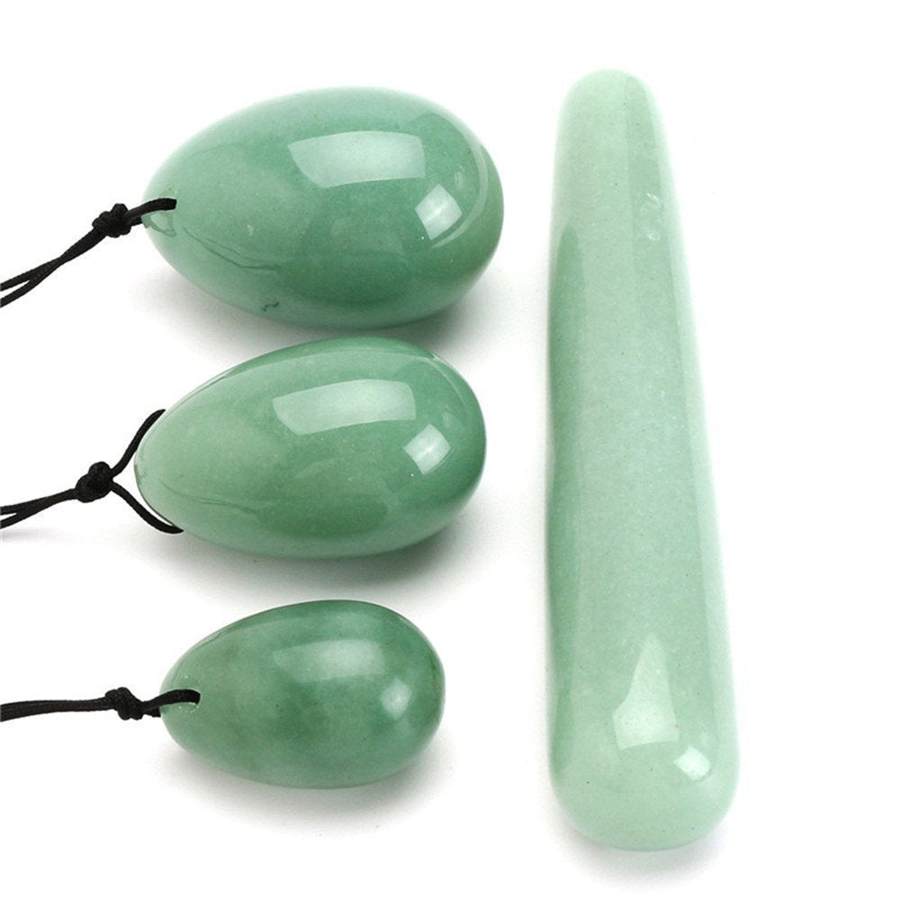 AITELEI 4Pcs Set Jade Yoni Eggs Stick,3 Pcs Drilled Natural Green Aventurine Quartz Crystal Jade Eggs Massage Stone + 1 Pcs Mass
