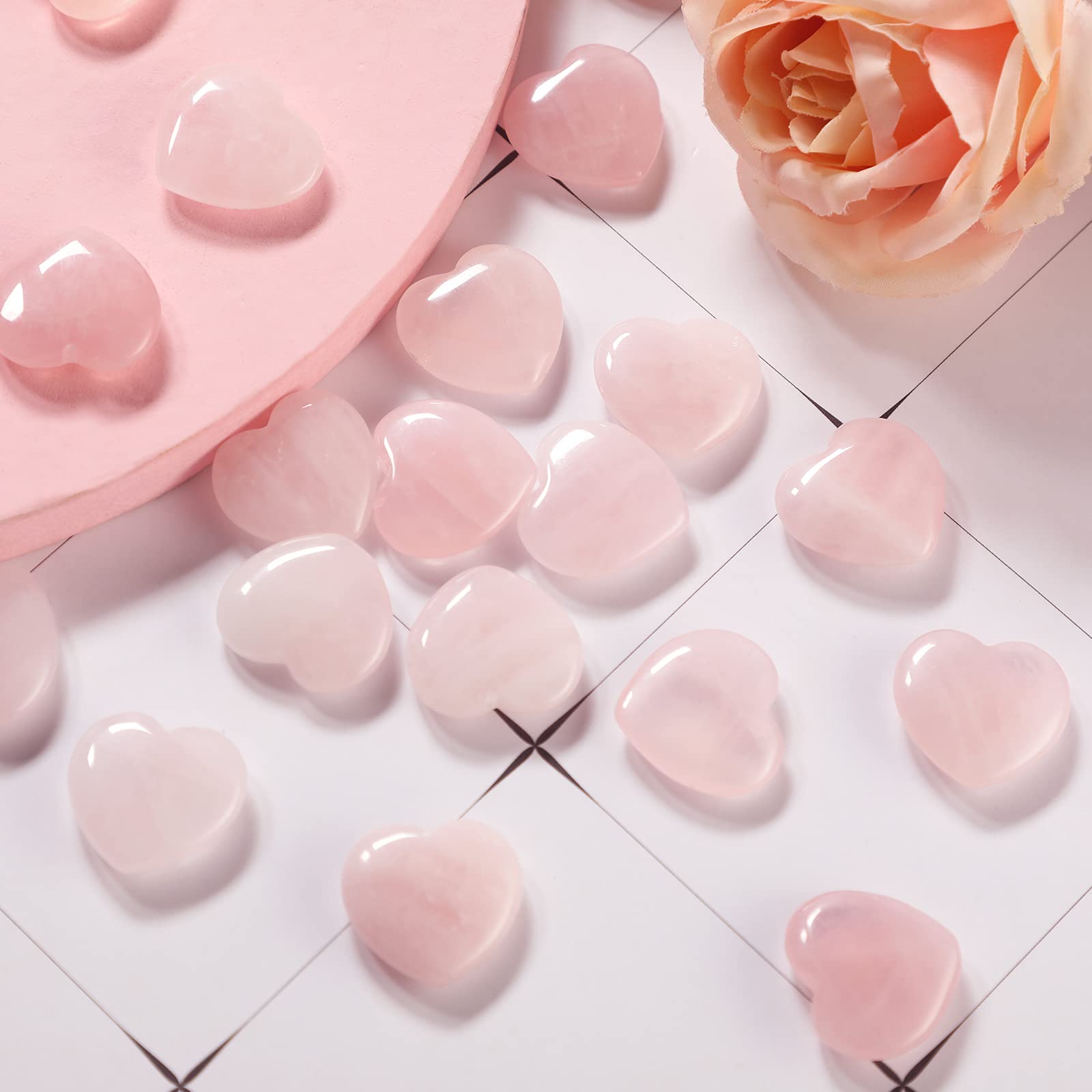 Patelai 24 Pcs Rose Quartz Heart Crystals Pink Heart Shaped Stones Natural Healing Worry Stones Mini Pocket Gemstone with Black