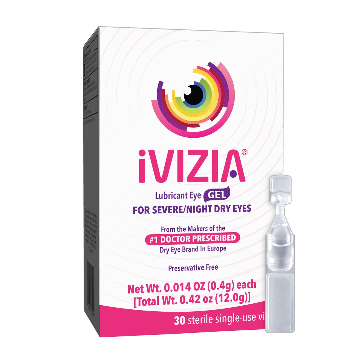 iVIZIA Lubricant Eye Gel for Severe and Nighttime Dry Eye Relief, Preservative-Free, Moisturizing, 30 Sterile Single-Use Vials P