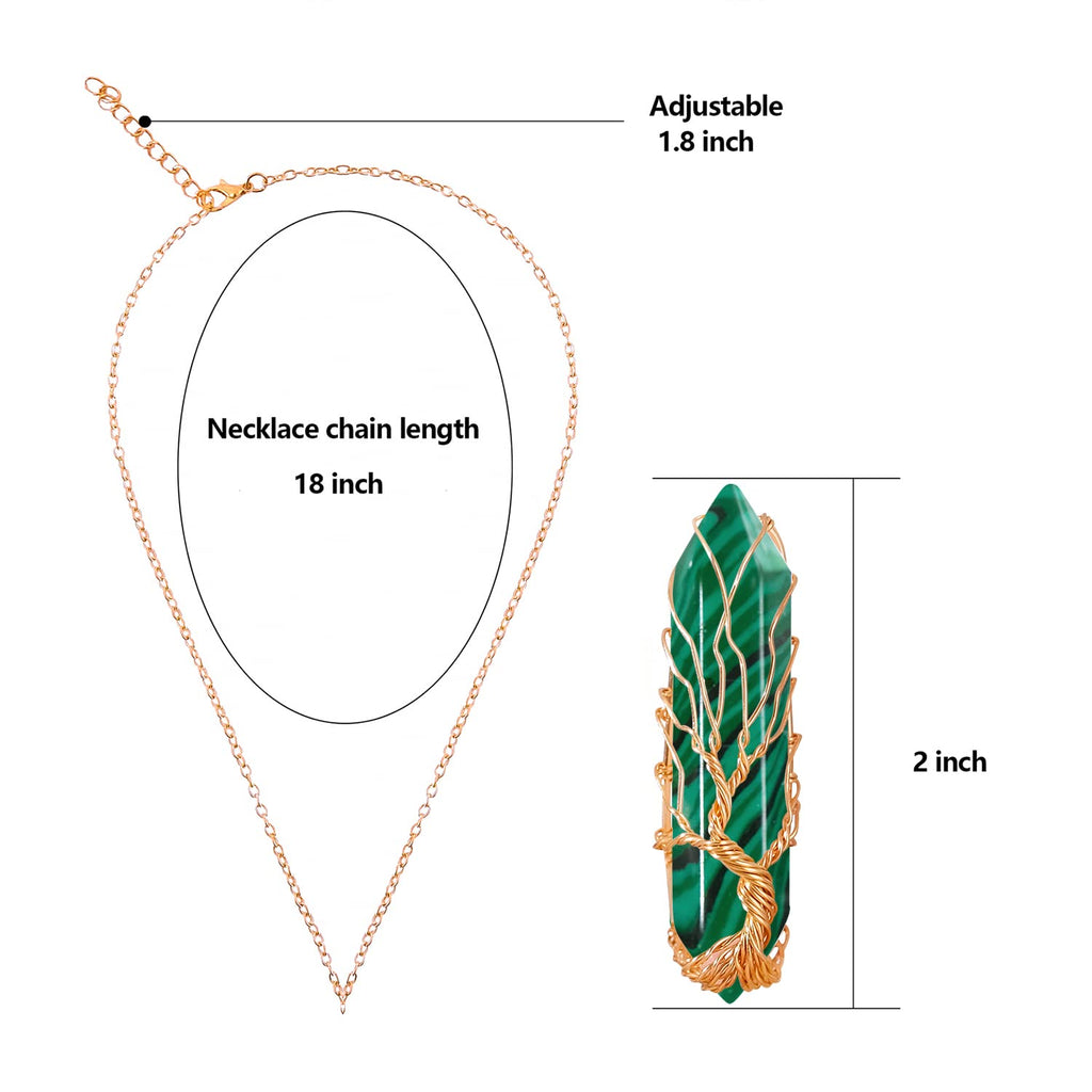 VIBILIA Healing Crystal Necklace Tree of Life Wire Wrapped Malachite Stone Point Pendant Necklace Hexagonal Reiki Spiritual Quar