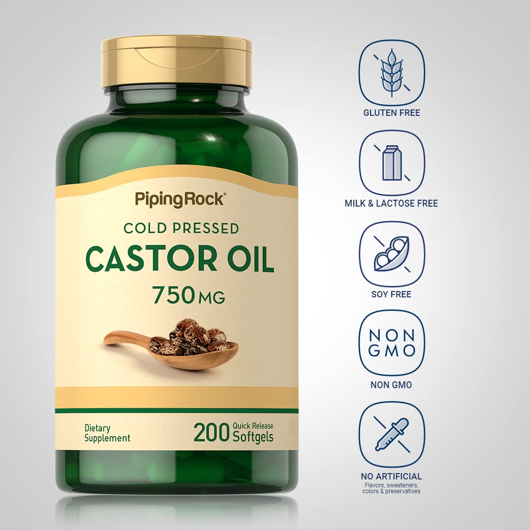 Piping Rock Castor Oil Softgel Capsules 750mg | 200 Count | Cold Pressed | Non-GMO, Gluten Free Supplement