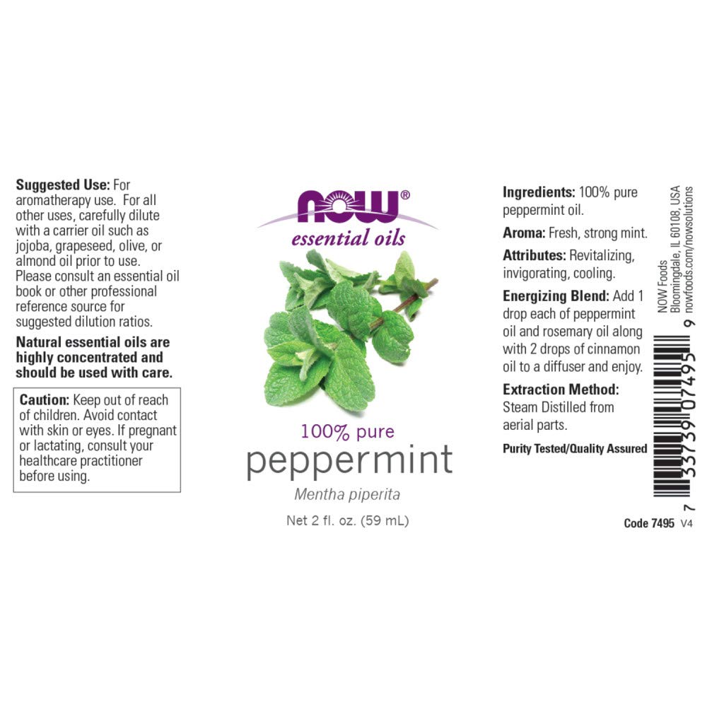 NOW Essential Oils, Peppermint Oil, Invigorating Aromatherapy Scent, Steam Distilled, 100% Pure, Vegan, Child Resistant Cap, 2-O