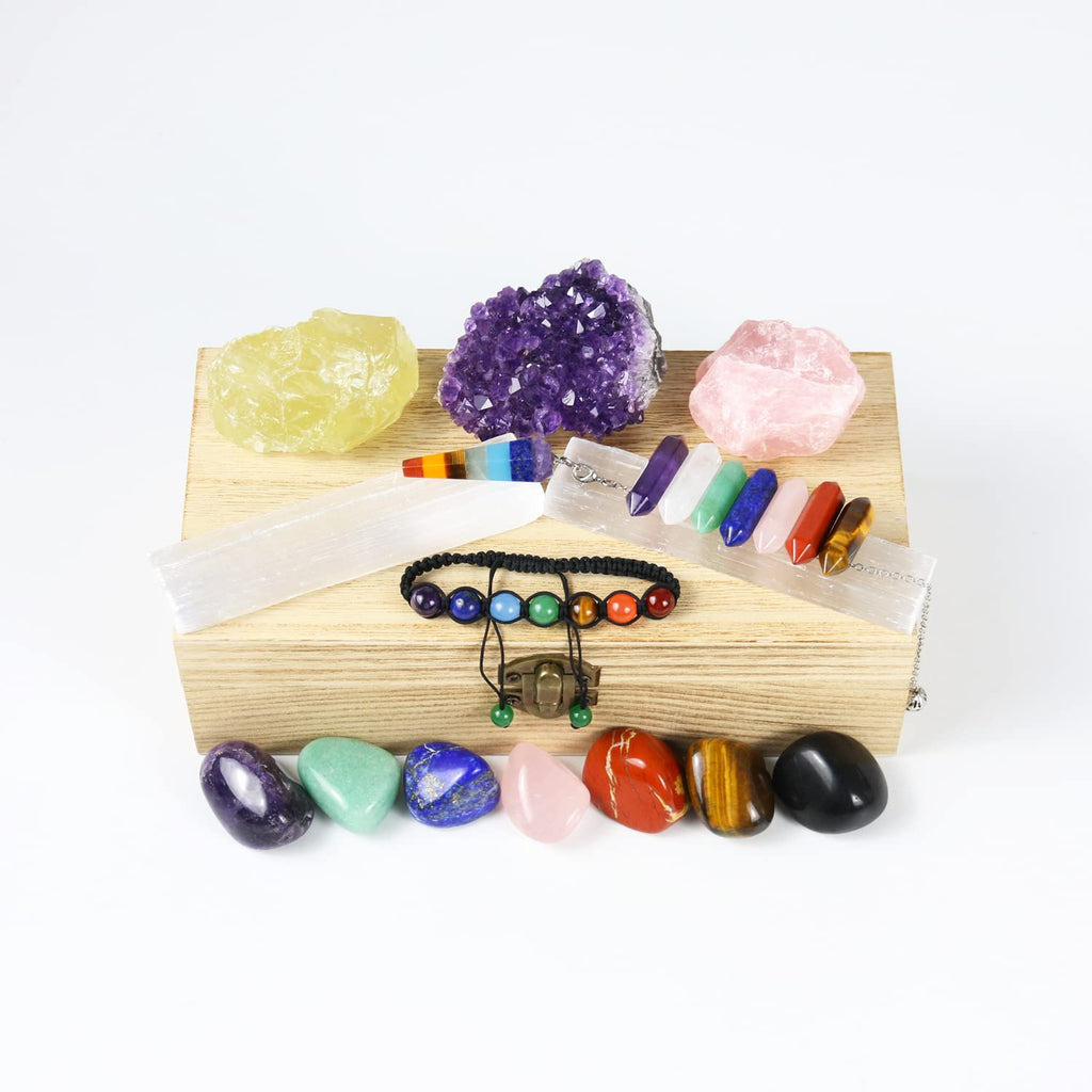 Nvzi Healing Crystals and Stones Kit in Box, Chakra Crystal Set, Amethyst Crystal, Rose Quartz, Citrine, Selenite Wands, Red Jas