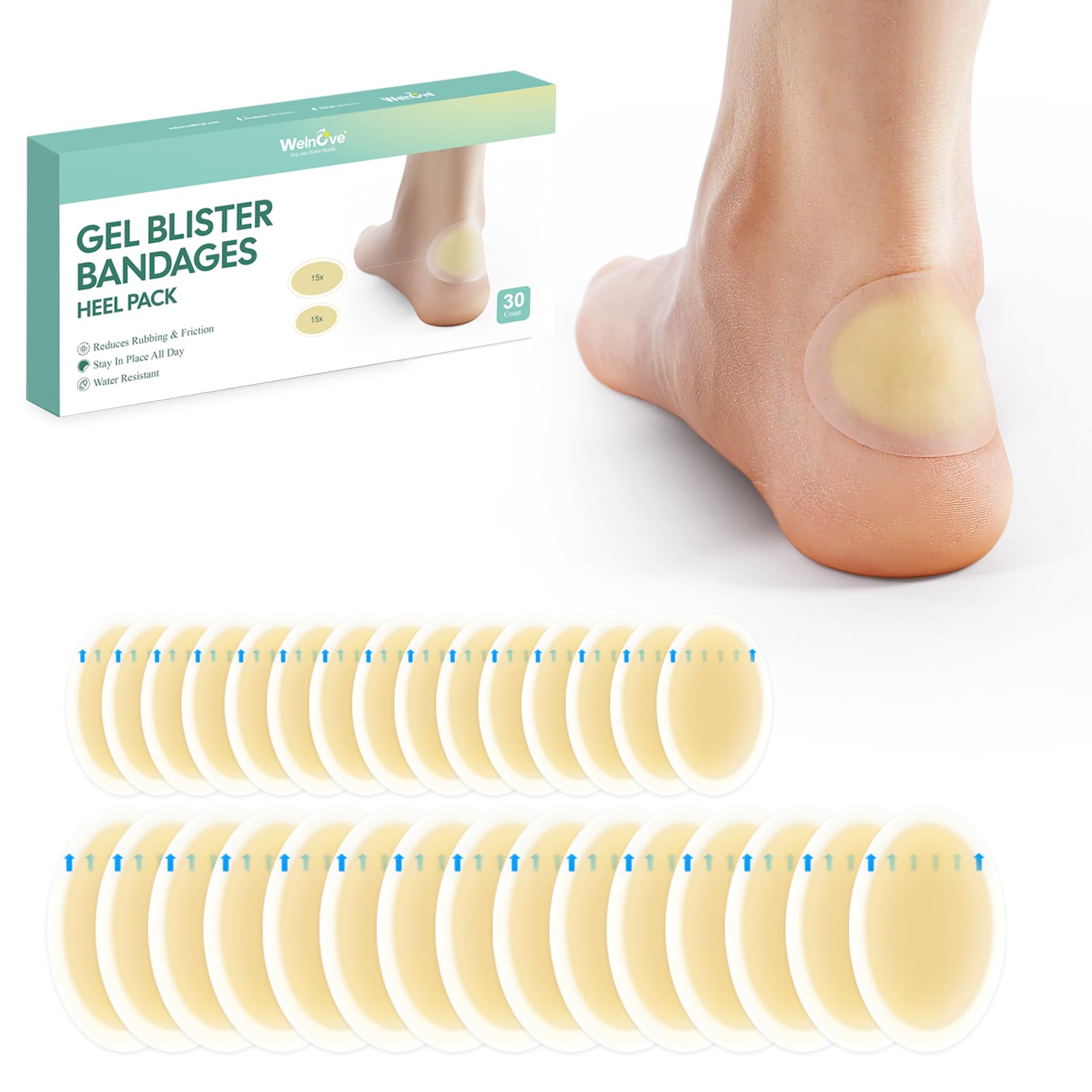Gel Blister Hydrocolloid Bandages - Welnove 30ct Blister Cushions (Heel Pack) - Blister Bandages for Heel, Toe & Foot - Blister 