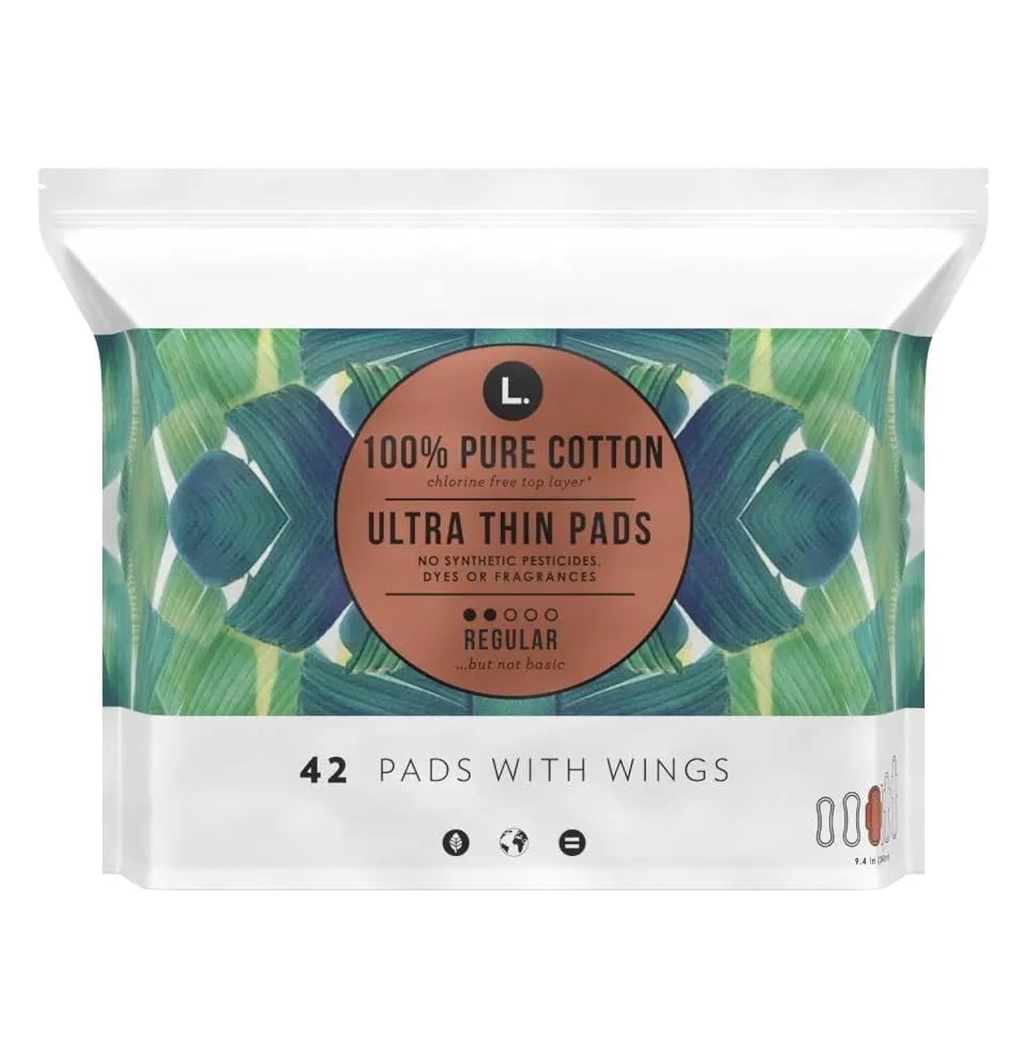L. , Organic Cotton Ultra Thin Pads for Women, Super Absorbency, With Wings, 42 Count