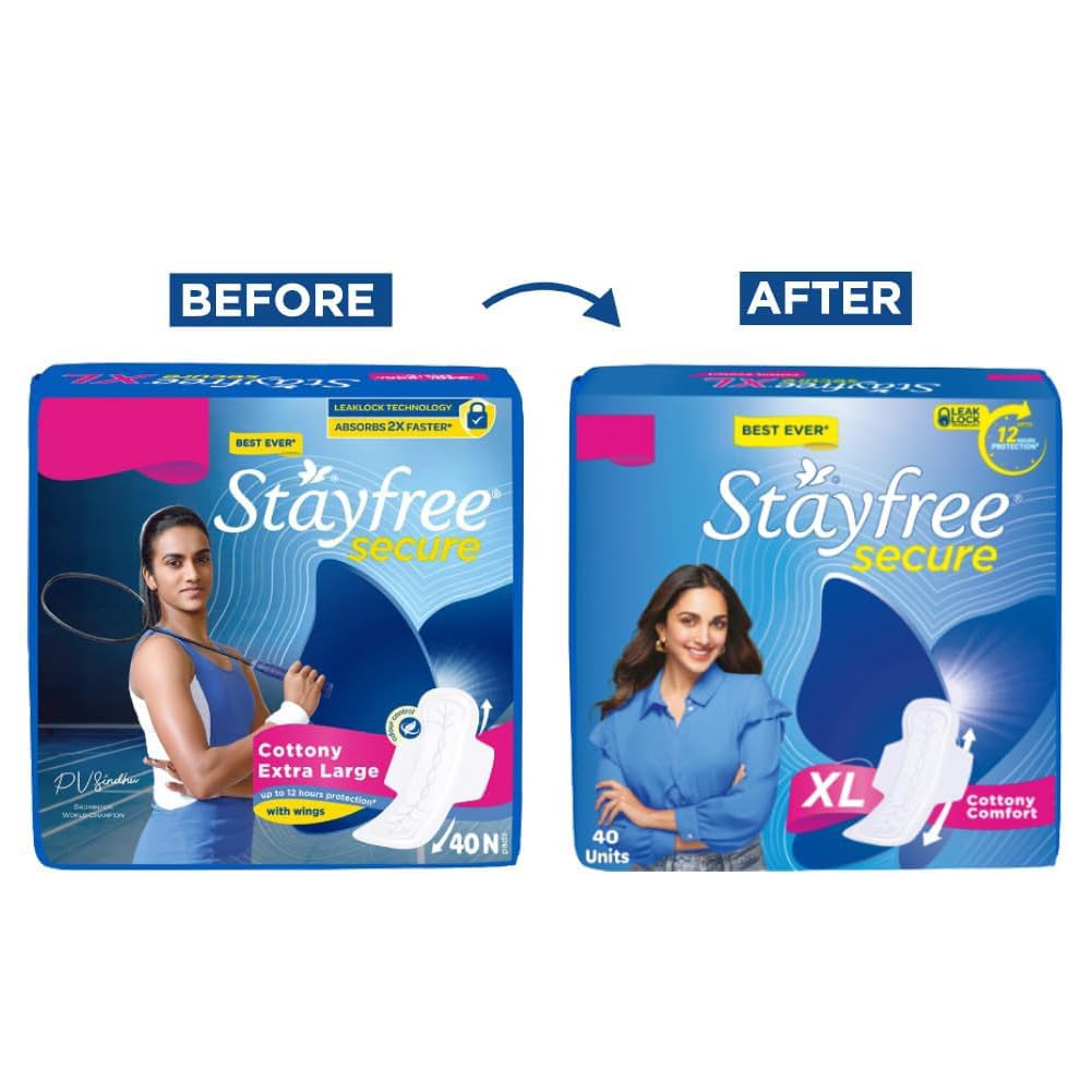 Stayfree Secure Extra Large Cottony Soft Cover Sanitary Pads for Women with Wings, 40 Pads
