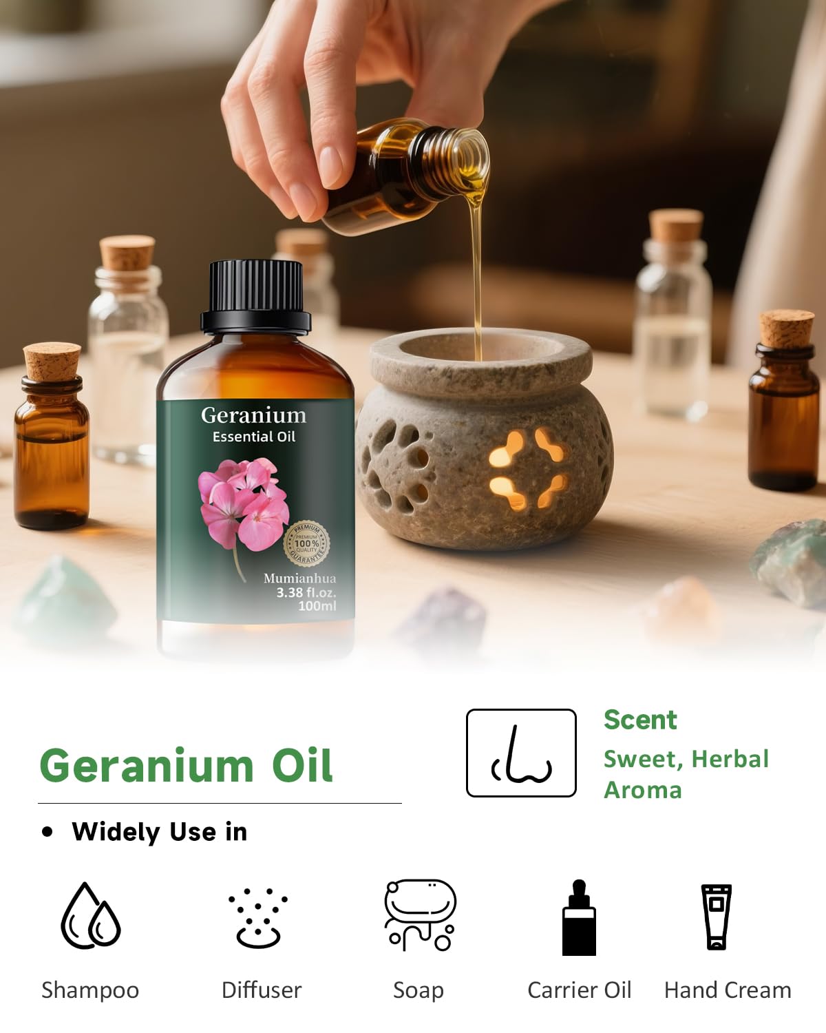 Mumianhua 100% Pure Geranium Essential Oil Natural Geranium Oil for Skin, Diffuser, Massages, DIY, Skin, Hair, Bath, Aromatherap