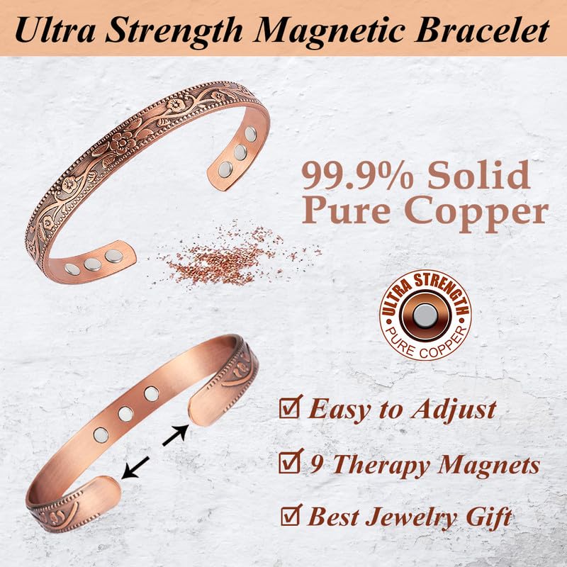 2PCS Copper Bracelets for Women 100% Pure Copper Bracelet Cuff Bangle Strength Magnets Adjustable Copper Magnetic Bracelet with