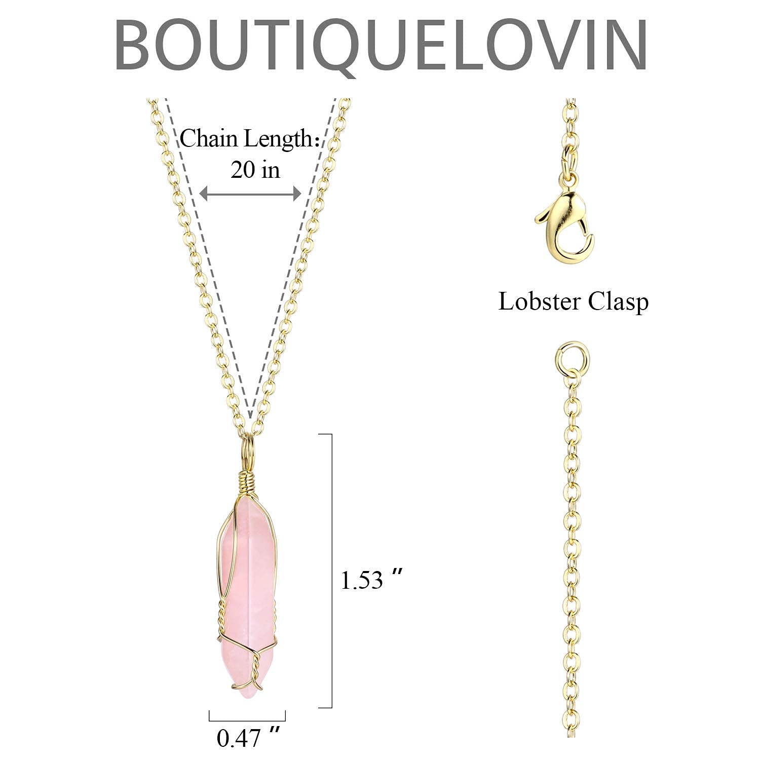 BOUTIQUELOVIN Real Rose Quartz Crystal Necklaces Gold Chain Wire Wrap Raw Stone Necklace on 20'' Chain Healing Crystal Jewlery f
