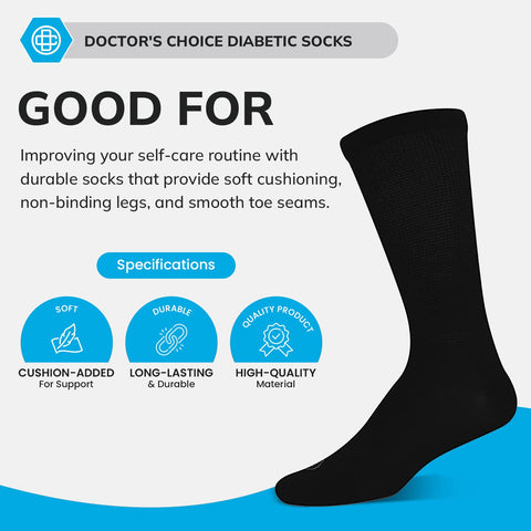 Doctor's Choice Diabetic Socks for Men, Seamless Crew Socks with Non-Binding Top, Mens Diabetic Socks Provides Extra Comfort for