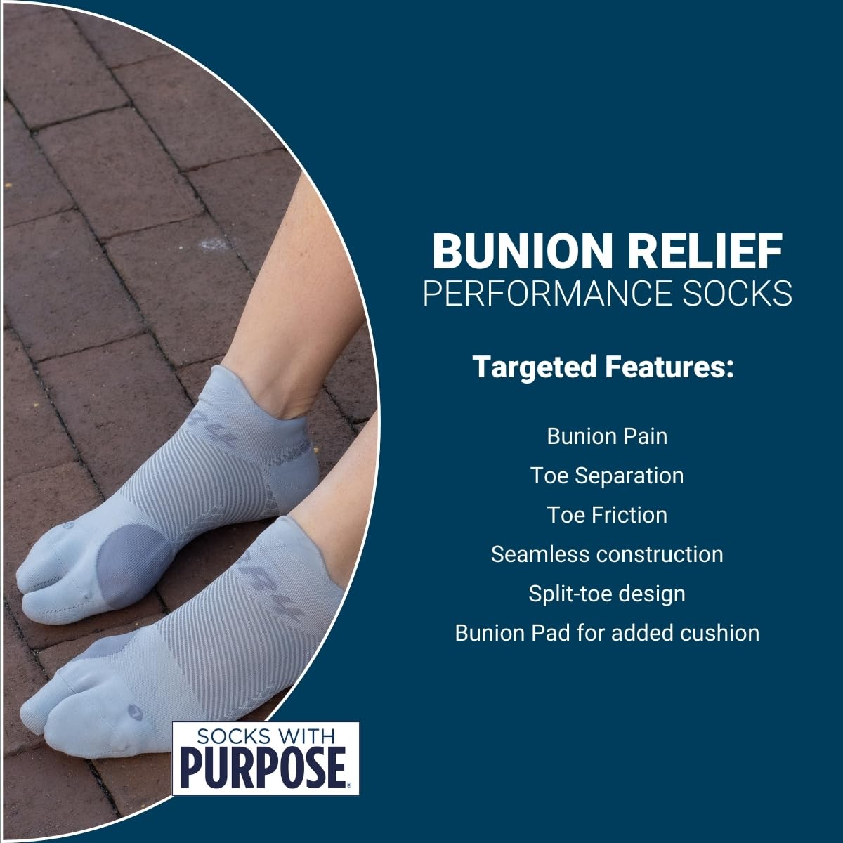 OS1st Bunion Relief Socks (One Pair) with split-toe design and bunion pad to relieve toe friction and bunion/Hallux Valgus pain
