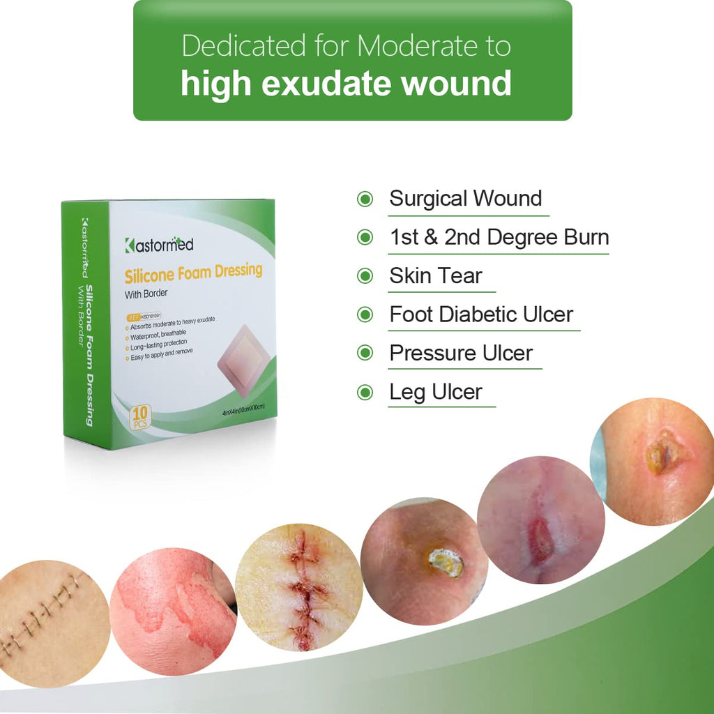 kastormed Silicone Adhesive Foam Dressing with Gentle Border 4x4 10 Pack, High Absorbency Foam Wound Bandage for Bed Sore, L